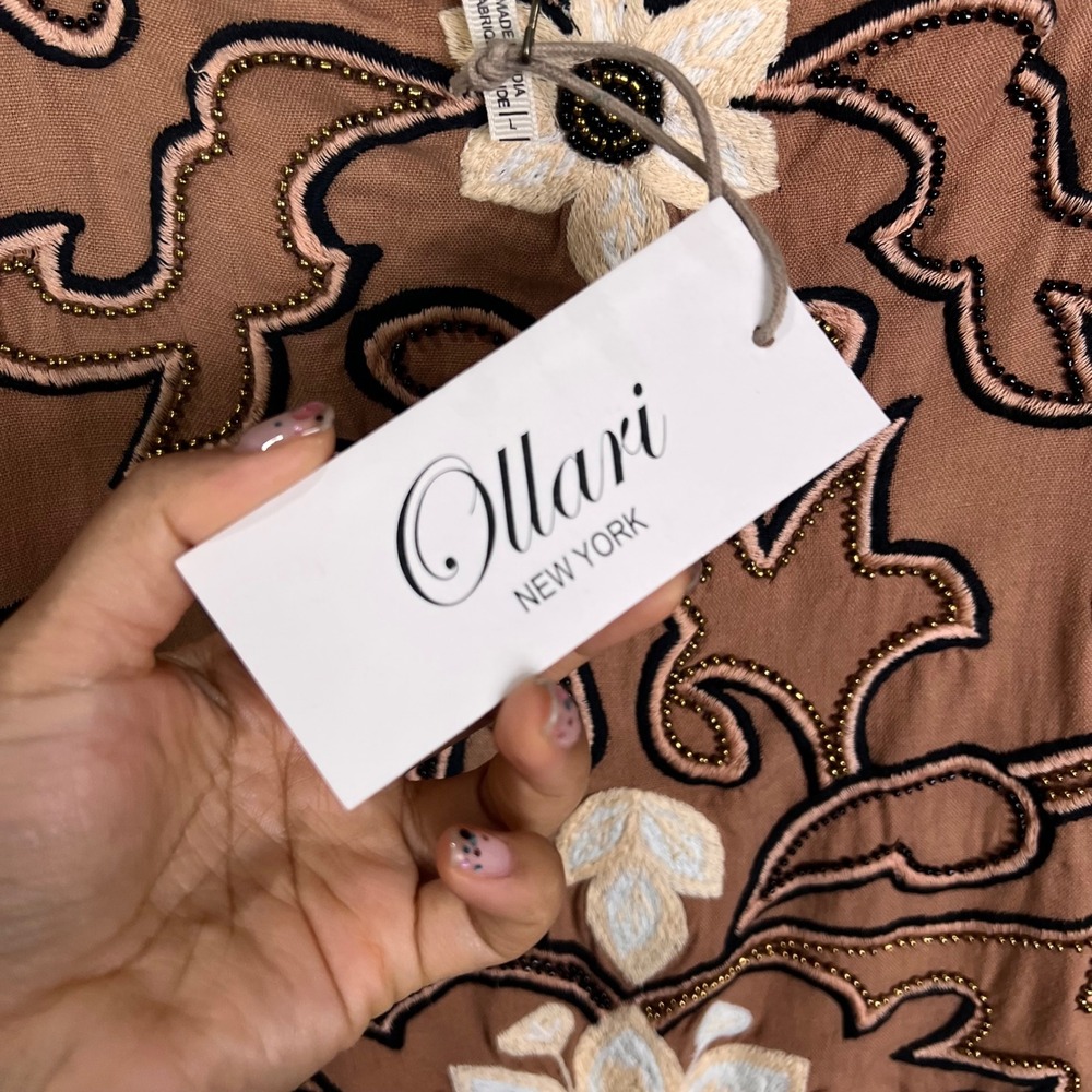 New Ollari New York Anthropologie dress L Embroidered Beaded Floral Cotton Strap - Picture 7 of 9